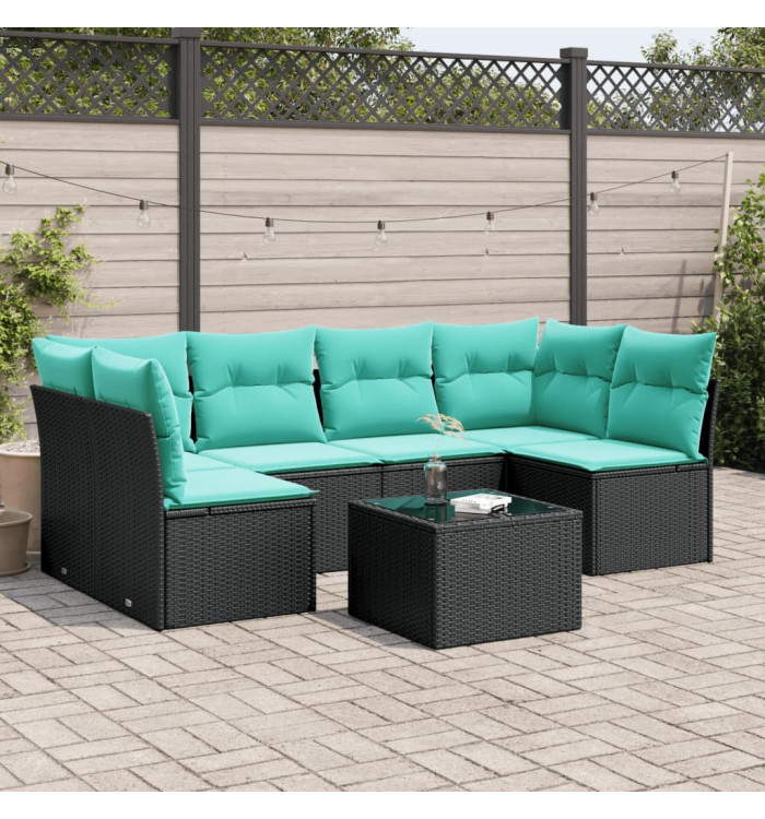 Salon de jardin 7 pcs avec coussins noir résine tressée | Mobilier & Déco