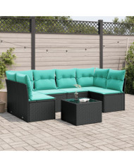 Salon de jardin 7 pcs avec coussins noir résine tressée | Mobilier & Déco