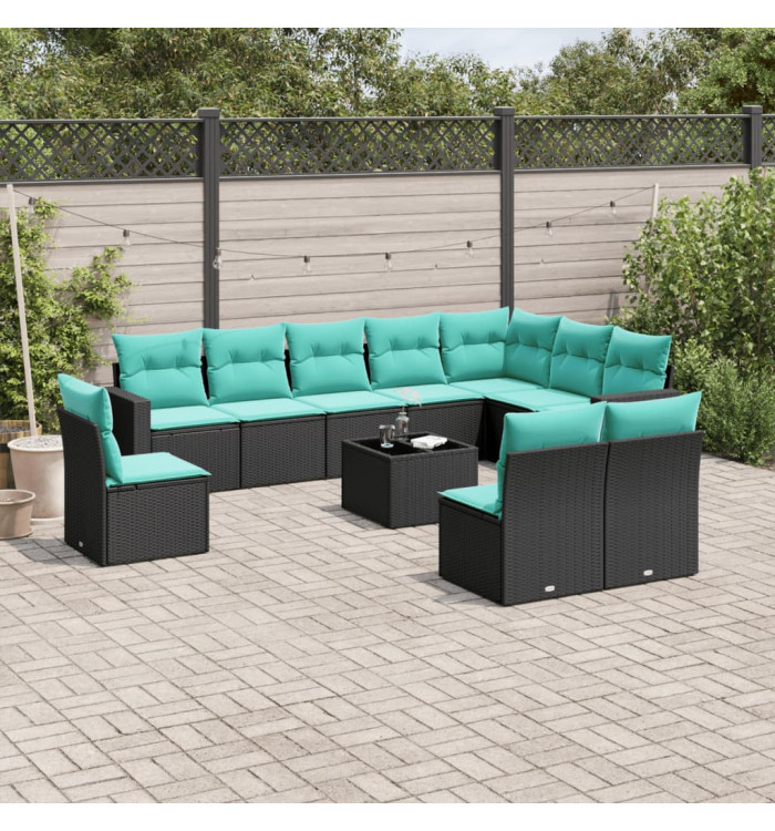 Salon de jardin 11 pcs avec coussins noir résine tressée | Mobilier & Déco