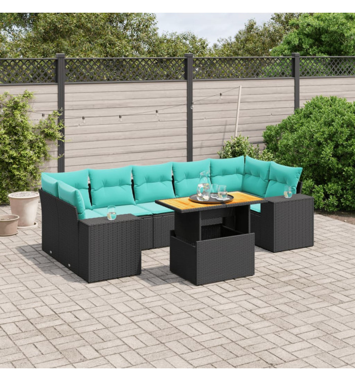 Salon de jardin 8 pcs avec coussins noir résine tressée | Mobilier & Déco