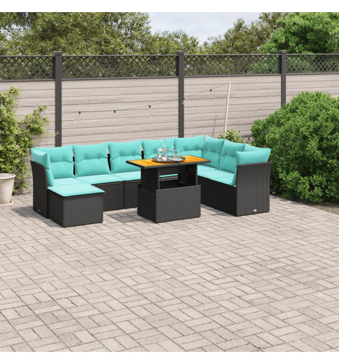 Salon de jardin 9 pcs avec coussins noir résine tressée | Mobilier & Déco