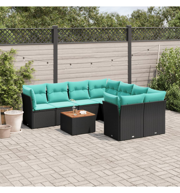 Salon de jardin 9 pcs avec coussins noir résine tressée | Mobilier & Déco