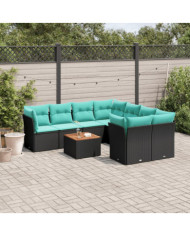 Salon de jardin 9 pcs avec coussins noir résine tressée | Mobilier & Déco