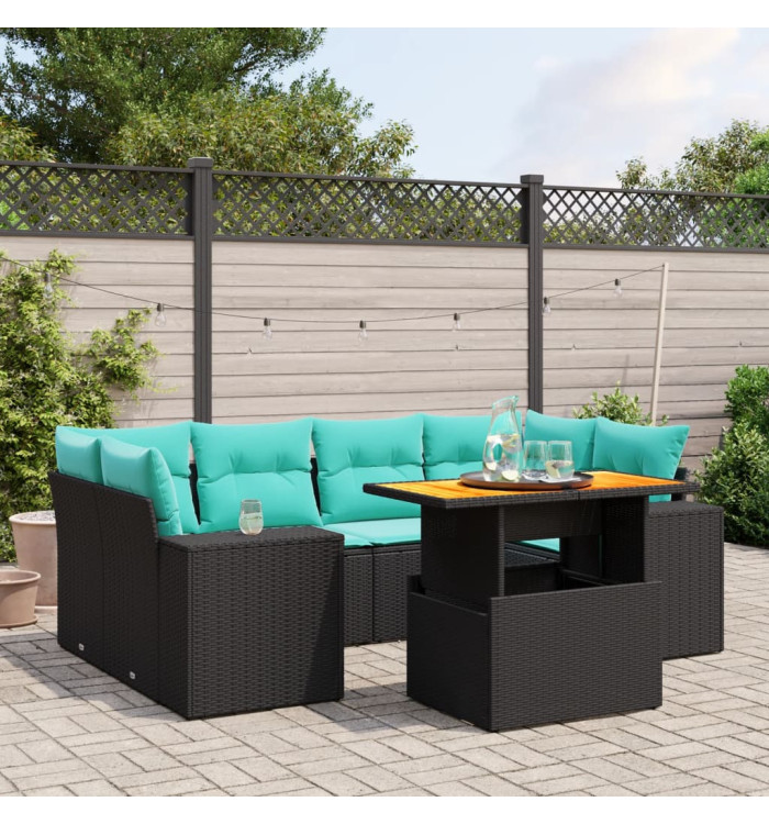 Salon de jardin 7 pcs avec coussins noir résine tressée | Mobilier & Déco