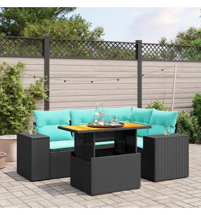 Salon de jardin 5 pcs avec coussins noir résine tressée | Mobilier & Déco