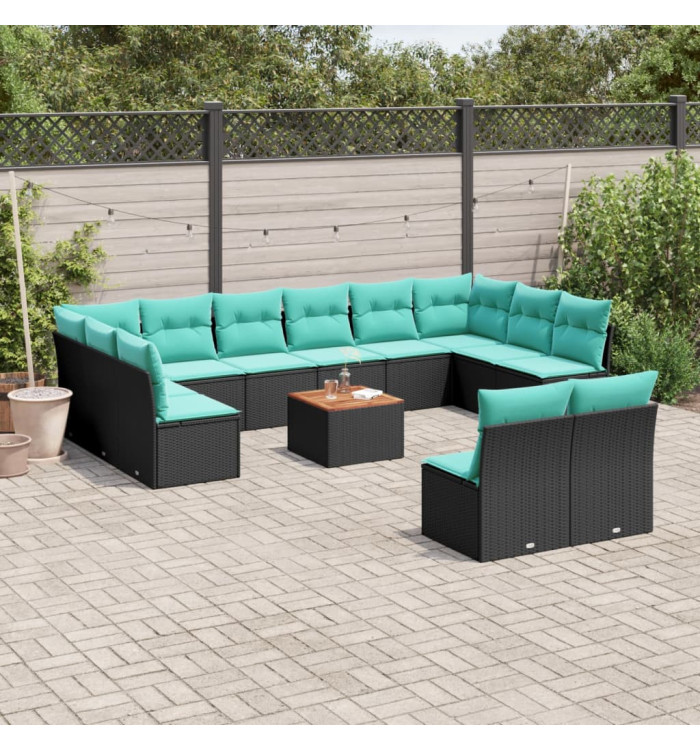 Salon de jardin avec coussins 13 pcs noir résine tressée | Mobilier & Déco