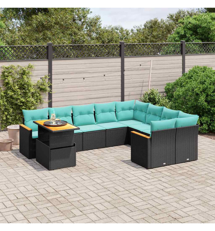 Salon de jardin 10 pcs avec coussins noir résine tressée | Mobilier & Déco