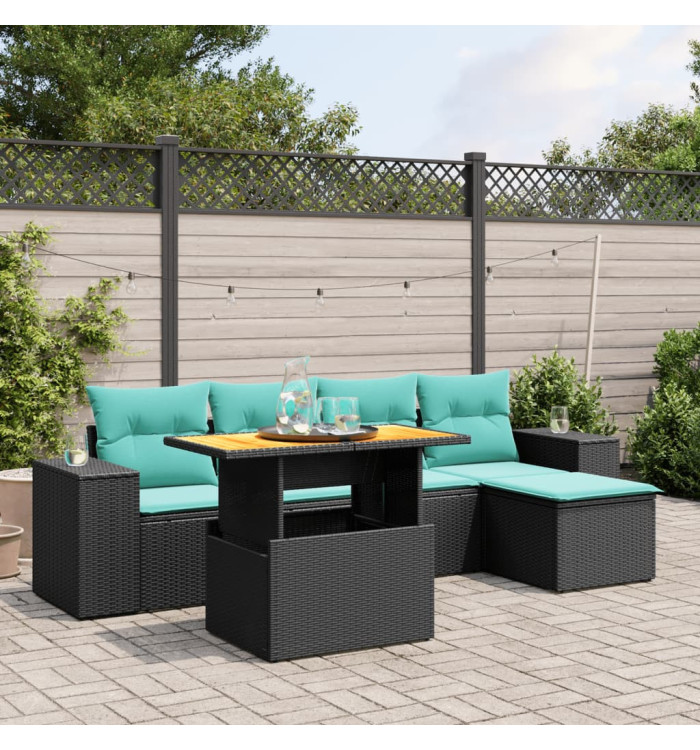 Salon de jardin 6 pcs avec coussins noir résine tressée | Mobilier & Déco