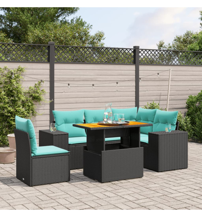 Salon de jardin 6 pcs avec coussins noir résine tressée | Mobilier & Déco