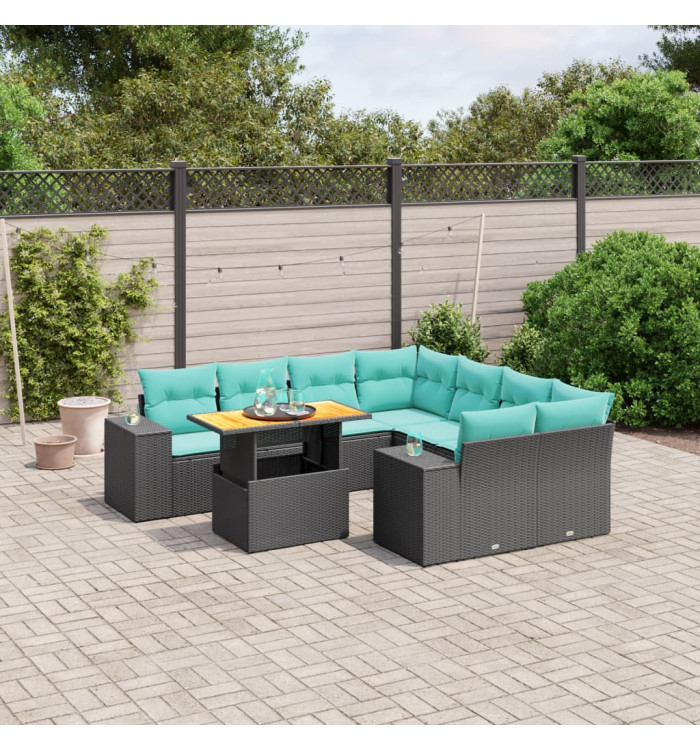 Salon de jardin 9 pcs avec coussins noir résine tressée | Mobilier & Déco