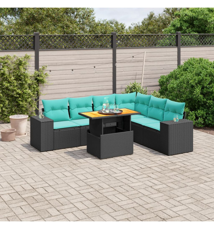 Salon de jardin 7 pcs avec coussins noir résine tressée | Mobilier & Déco