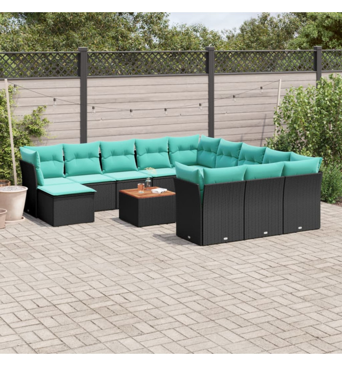Salon de jardin avec coussins 13 pcs noir résine tressée | Mobilier & Déco