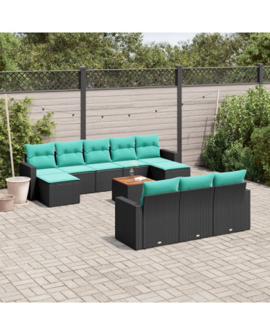 Salon de jardin 11 pcs avec coussins noir résine tressée | Mobilier & Déco
