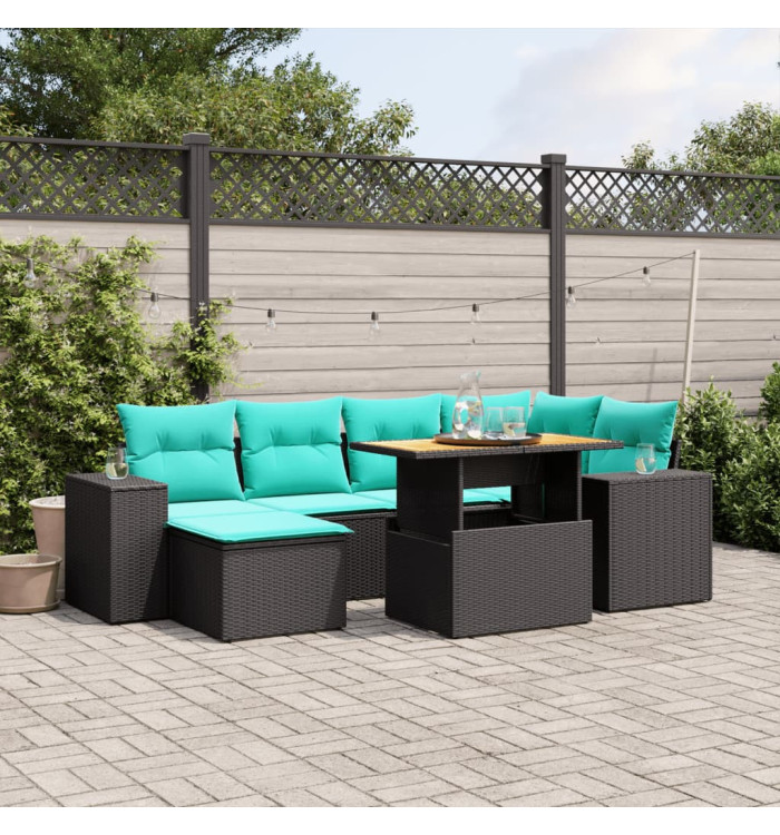 Salon de jardin 7 pcs avec coussins noir résine tressée | Mobilier & Déco