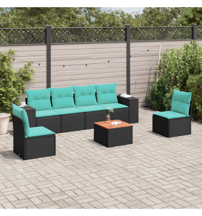 Salon de jardin 7 pcs avec coussins noir résine tressée | Mobilier & Déco