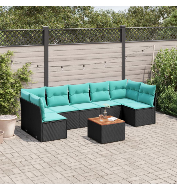 Salon de jardin 8 pcs avec coussins noir résine tressée | Mobilier & Déco
