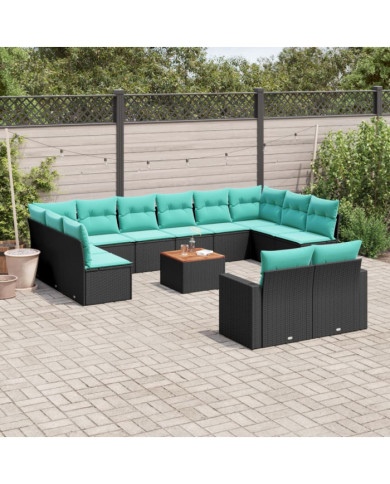 Salon de jardin avec coussins 13 pcs noir résine tressée | Mobilier & Déco