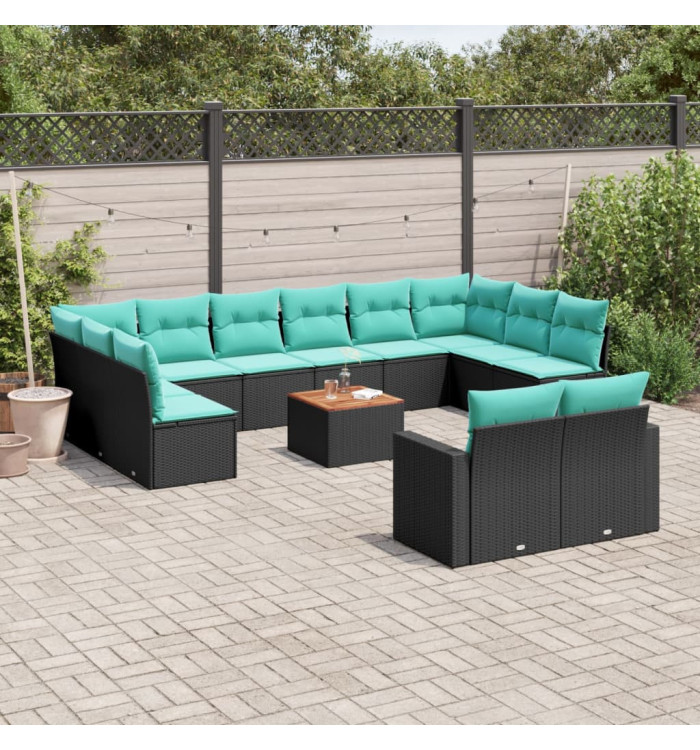 Salon de jardin avec coussins 13 pcs noir résine tressée | Mobilier & Déco