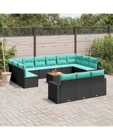 Salon de jardin avec coussins 14 pcs noir résine tressée | Mobilier & Déco