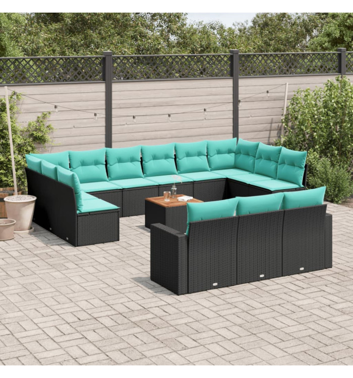 Salon de jardin avec coussins 14 pcs noir résine tressée | Mobilier & Déco
