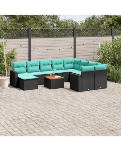Salon de jardin 11 pcs avec coussins noir résine tressée | Mobilier & Déco