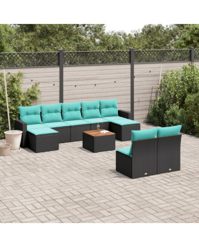 Salon de jardin 10 pcs avec coussins noir résine tressée | Mobilier & Déco