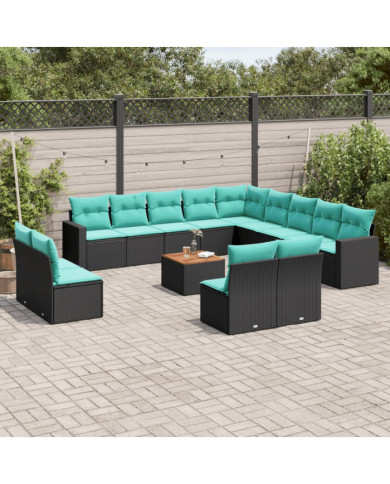 Salon de jardin avec coussins 14 pcs noir résine tressée | Mobilier & Déco