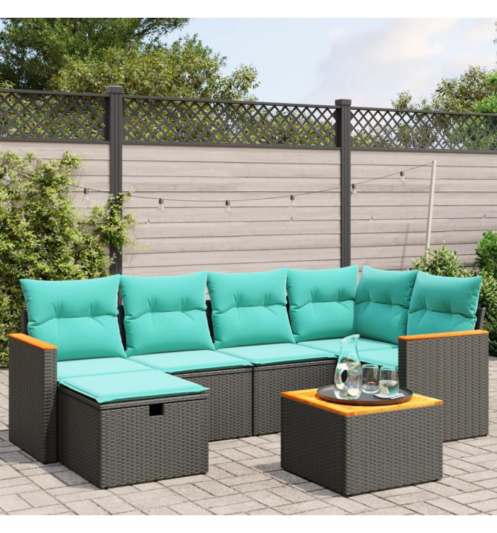 Salon de jardin 7 pcs avec coussins noir résine tressée | Mobilier & Déco