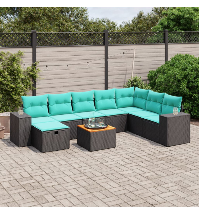 Salon de jardin 9 pcs avec coussins noir résine tressée | Mobilier & Déco
