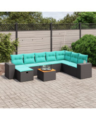 Salon de jardin 9 pcs avec coussins noir résine tressée | Mobilier & Déco