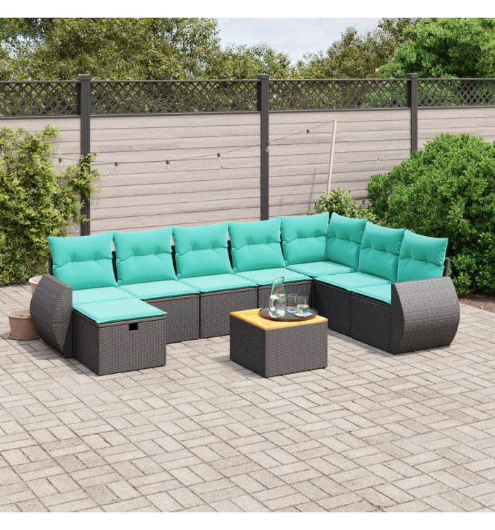 Salon de jardin 9 pcs avec coussins noir résine tressée | Mobilier & Déco