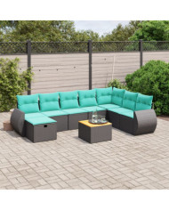 Salon de jardin 9 pcs avec coussins noir résine tressée | Mobilier & Déco