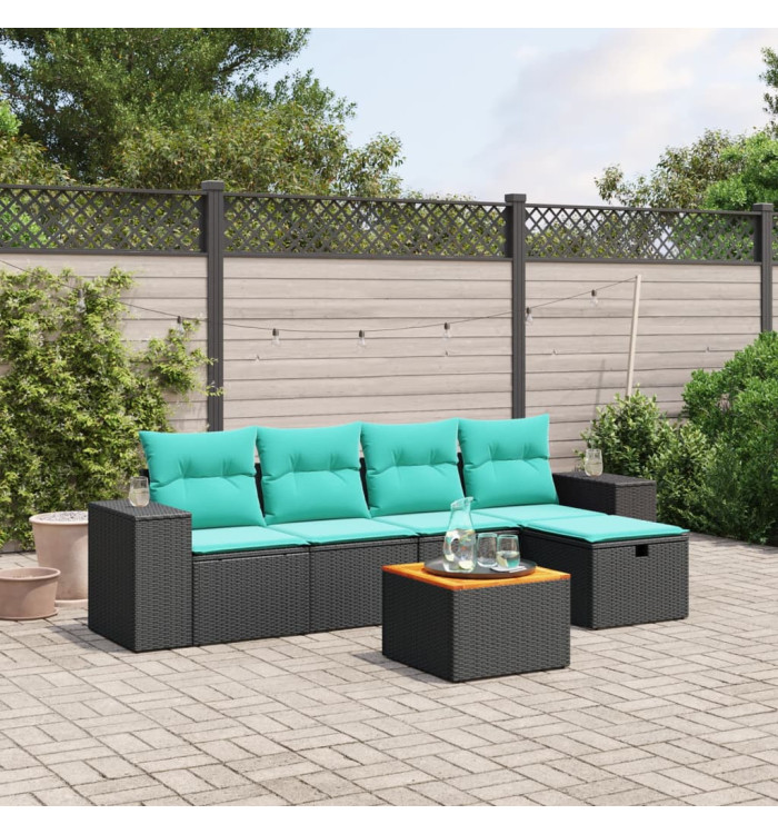Salon de jardin 6 pcs avec coussins noir résine tressée | Mobilier & Déco