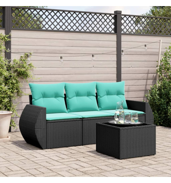 Salon de jardin 4 pcs avec coussins noir résine tressée | Mobilier & Déco