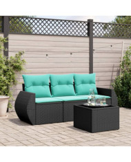 Salon de jardin 4 pcs avec coussins noir résine tressée | Mobilier & Déco