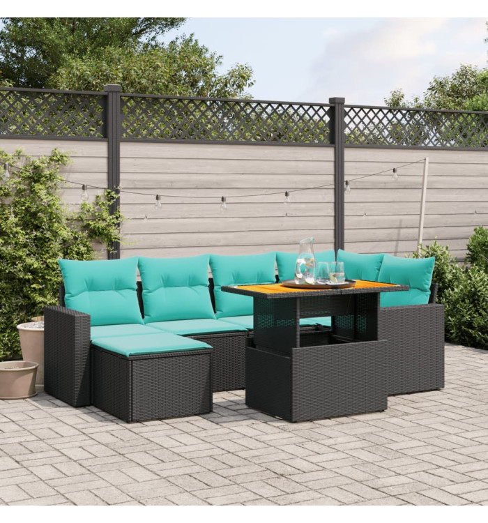Salon de jardin 7 pcs avec coussins noir résine tressée | Mobilier & Déco