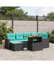 Salon de jardin 7 pcs avec coussins noir résine tressée | Mobilier & Déco