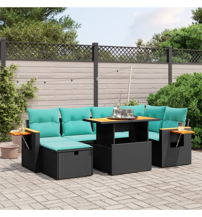 Salon de jardin 7 pcs avec coussins noir résine tressée | Mobilier & Déco