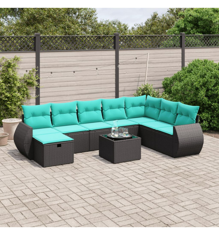 Salon de jardin 9 pcs avec coussins noir résine tressée | Mobilier & Déco