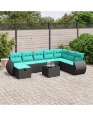 Salon de jardin 9 pcs avec coussins noir résine tressée | Mobilier & Déco
