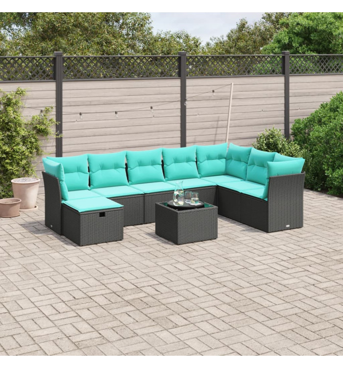 Salon de jardin 9 pcs avec coussins noir résine tressée | Mobilier & Déco