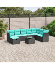Salon de jardin 9 pcs avec coussins noir résine tressée | Mobilier & Déco