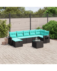 Salon de jardin 8 pcs avec coussins noir résine tressée | Mobilier & Déco