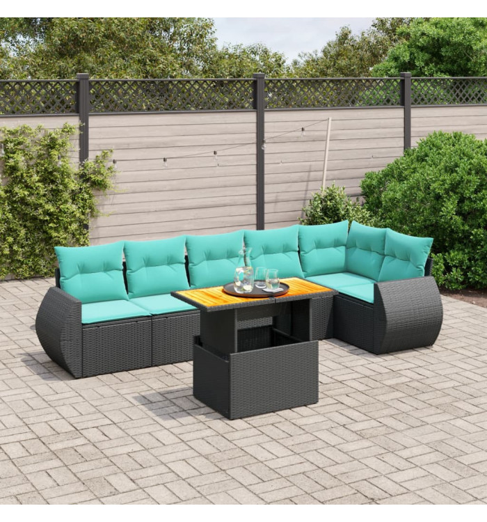 Salon de jardin 7 pcs avec coussins noir résine tressée | Mobilier & Déco