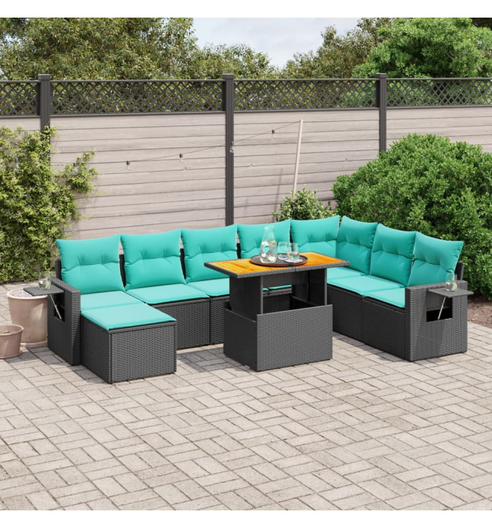Salon de jardin 9 pcs avec coussins noir résine tressée | Mobilier & Déco