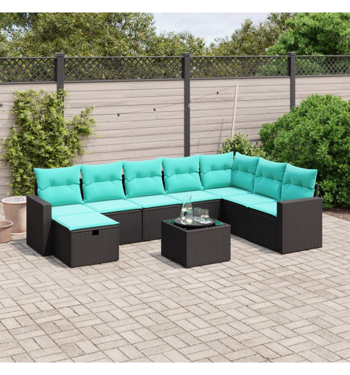 Salon de jardin 9 pcs avec coussins noir résine tressée | Mobilier & Déco