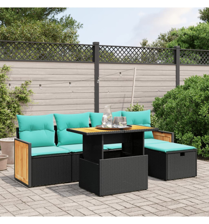 Salon de jardin 6 pcs avec coussins noir résine tressée | Mobilier & Déco