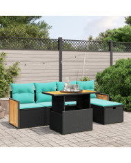 Salon de jardin 6 pcs avec coussins noir résine tressée | Mobilier & Déco