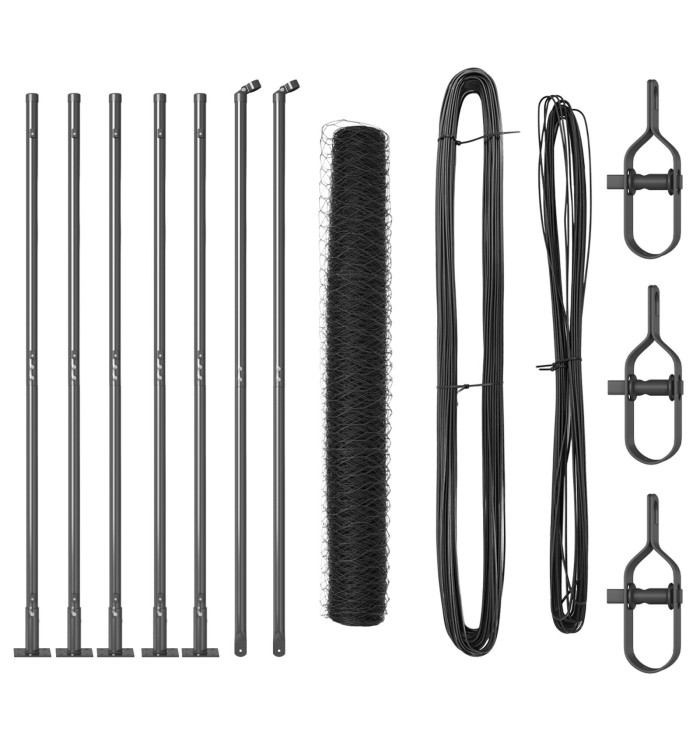 Clôture hexagonale grise 1x10 m en acier, Poteaux de clôture avec plaques de base 7 pcs Ø32mm 110cm en acier galvanisé | Mobil