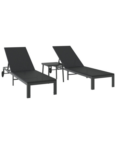Chaises longues 2 pcs avec roues et table Noir Poly Rattan | Mobilier & Déco